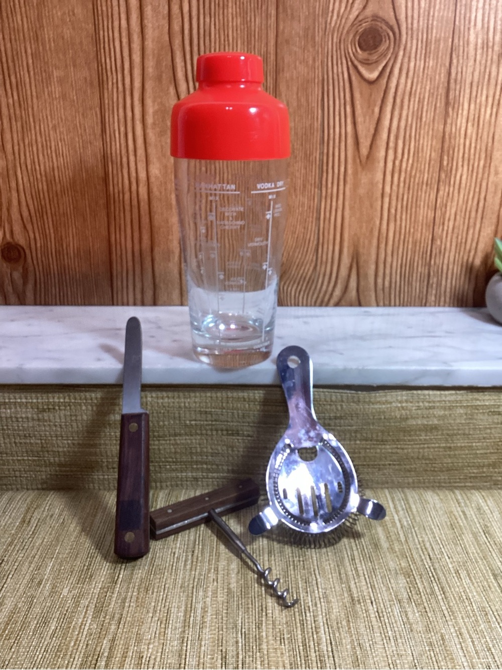 Red-Topped Cocktail Shaker with Glass Mixing Cup and Utensils